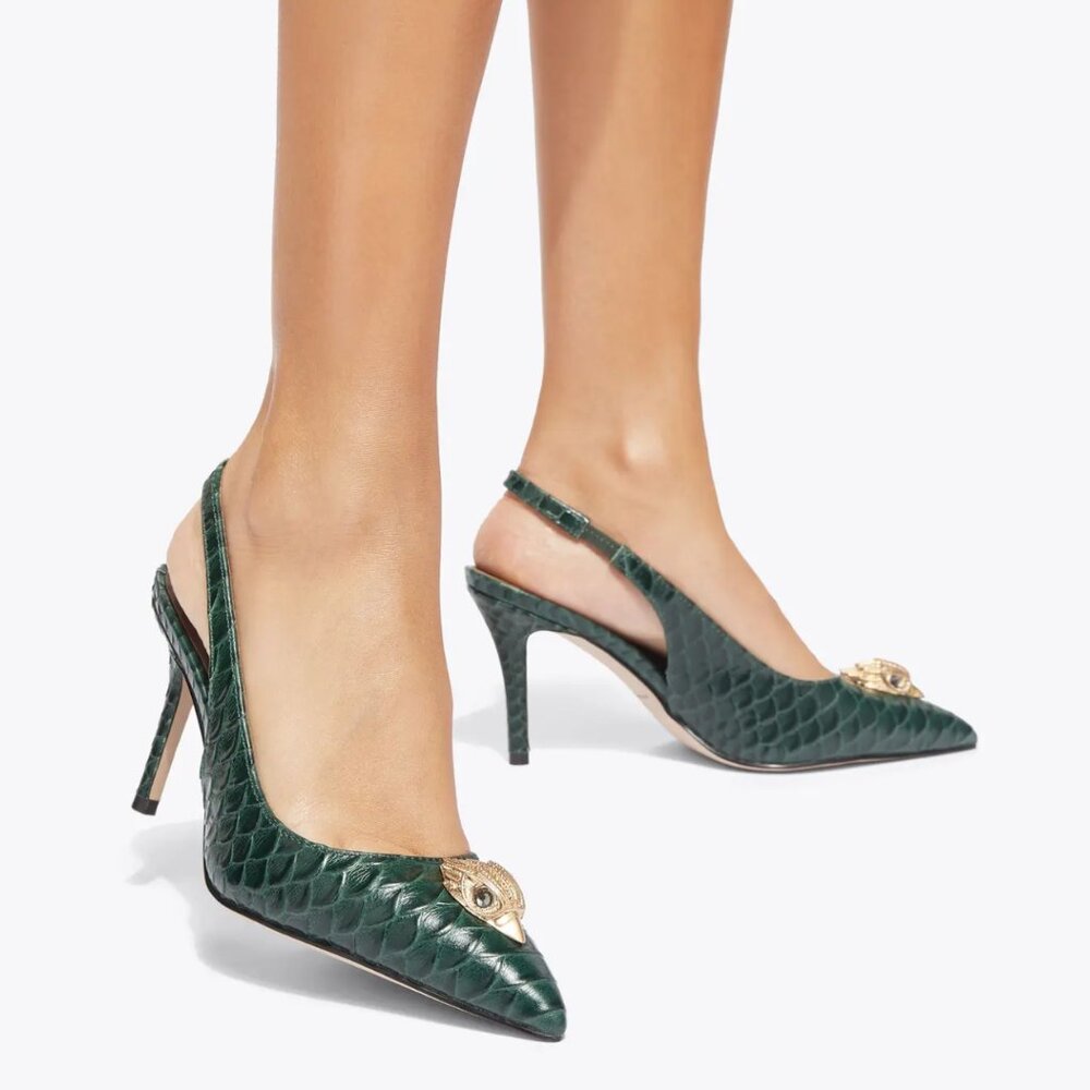Kurt Geiger Dark Green Textured Slingback Pumps with Gold Accent